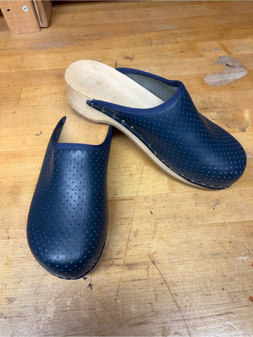 Women's Navy Perforated Leather Clogs with Wooden Sole
